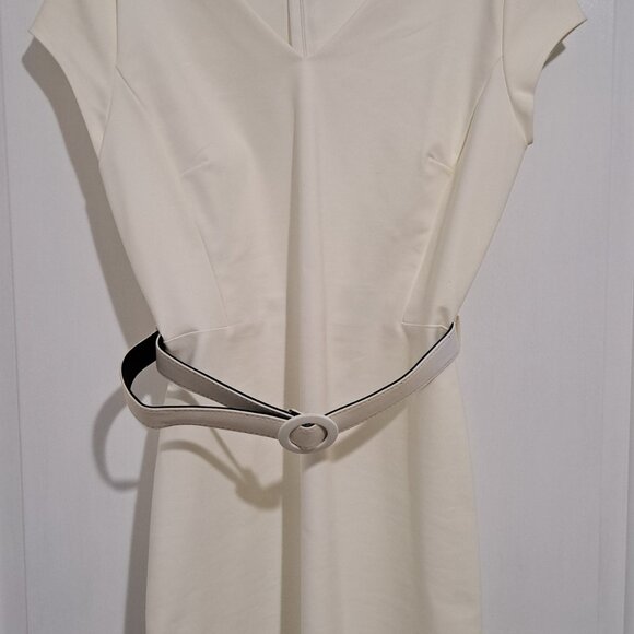 NWOT Mango Cream V Neck Cap Sleeve Dress with Belt - Picture 2 of 2